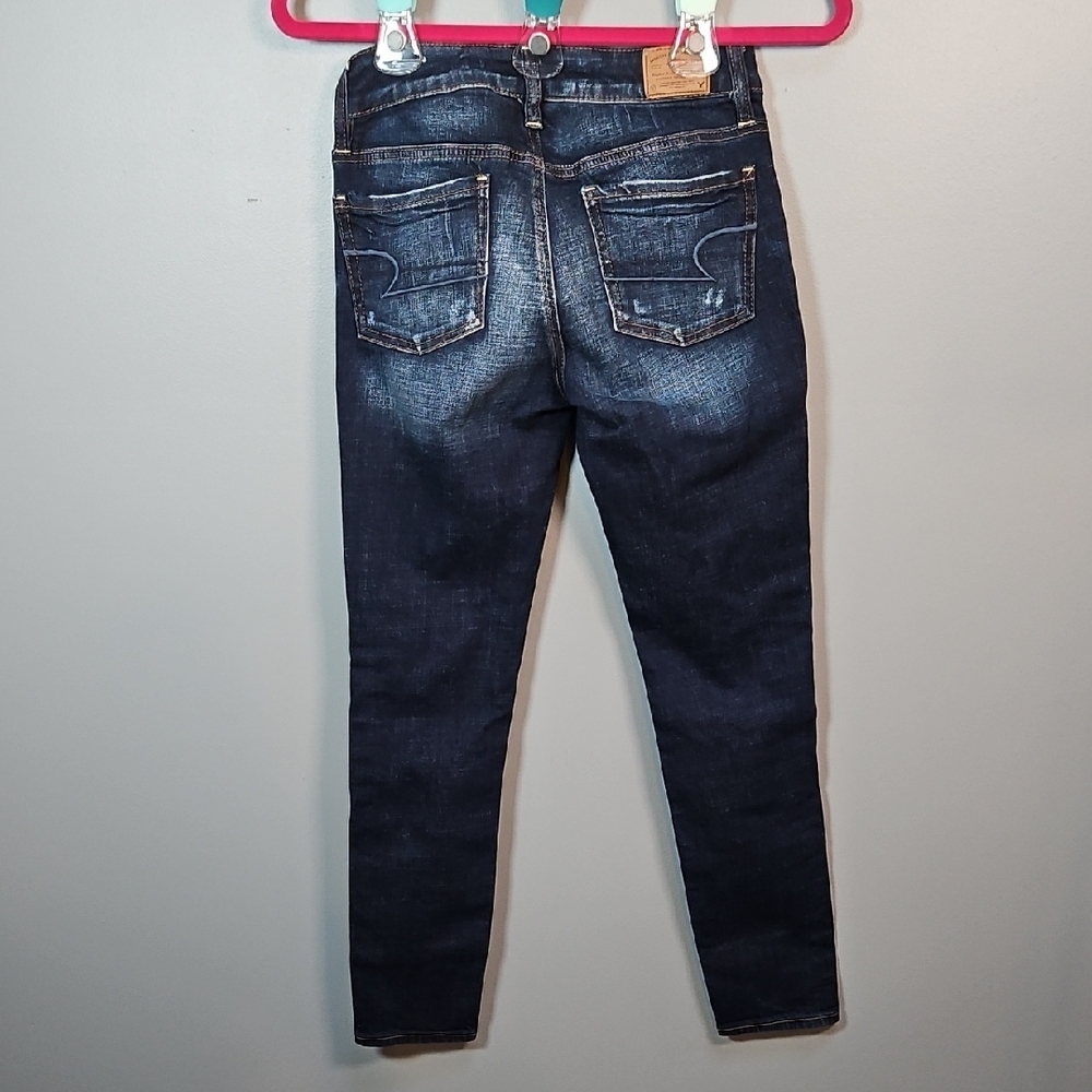 American Eagle Outfitters Women's Dark Blue Distressed Jeggings Jeans - Picture 4 of 6